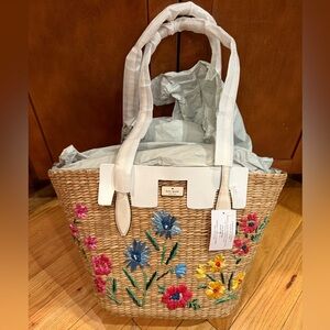 Kate Spade Floral Embroidered Straw Tote Bag